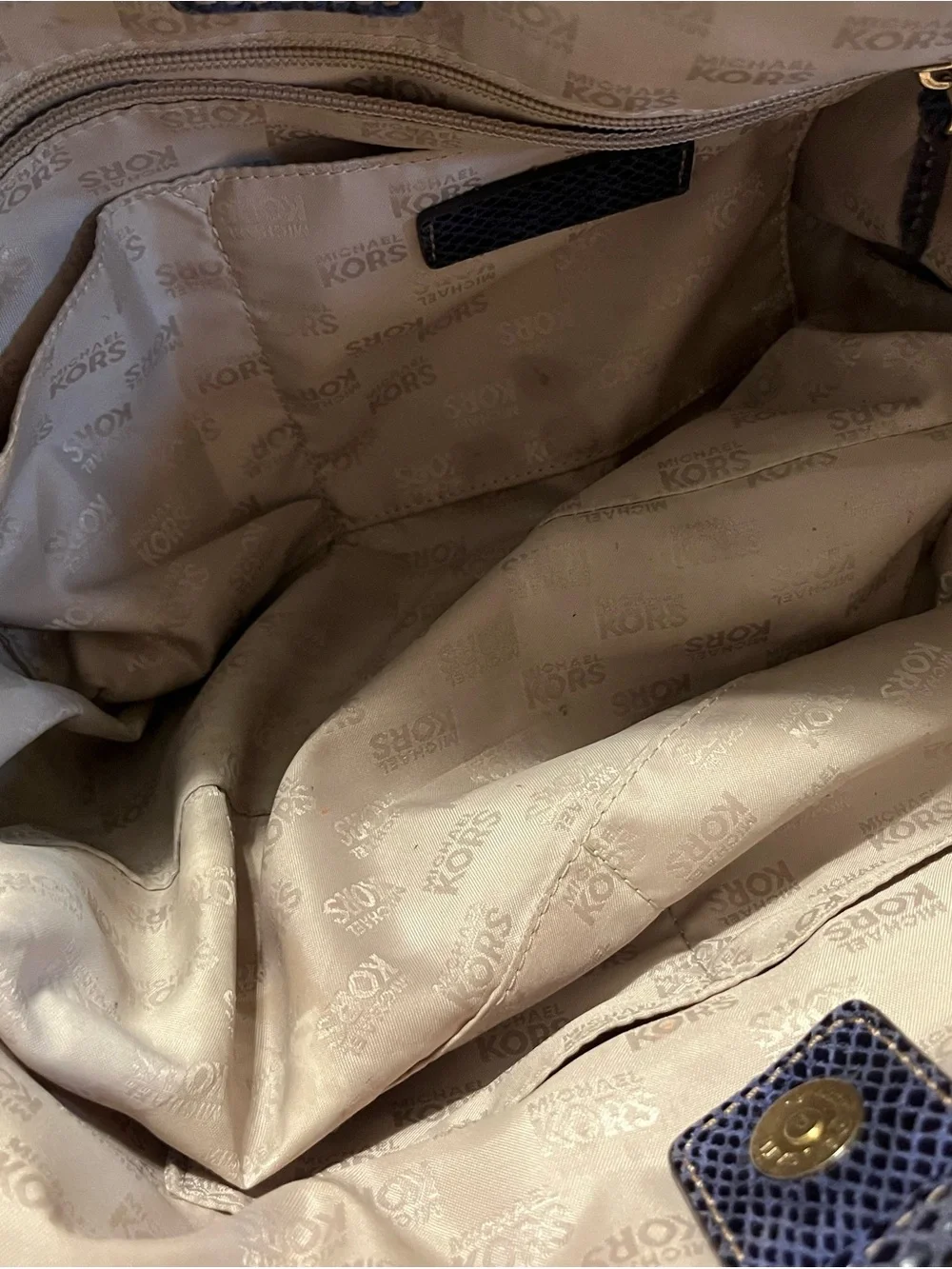 Michael Kors Navy Textured Shoulder Tote with Gold Plaque